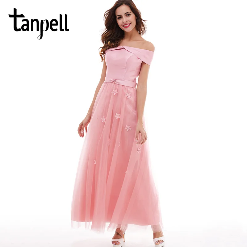 Tanpell длинное платье подружки невесты светильник сливы с открытыми плечами Аппликации длиной до щиколотки ТРАПЕЦИЕВИДНОЕ ПЛАТЬЕ Дешевое женское платье для выпускного подружки невесты