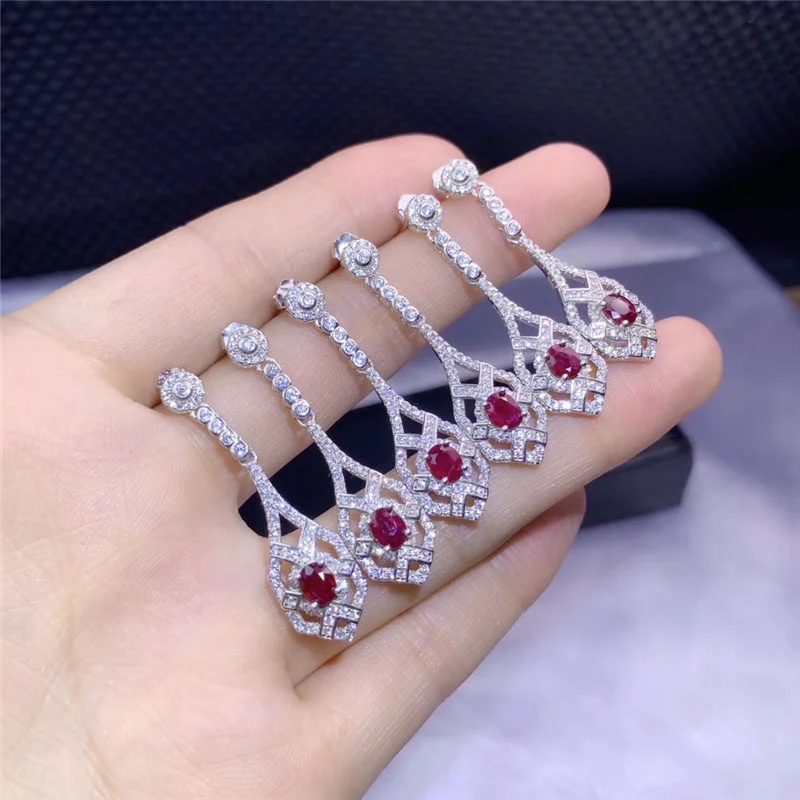 Серьги-капли с натуральным Рубином, свисающие для женщин, вечерние, подарки, настоящий драгоценный камень, белое золото, хорошее ювелирное изделие, 925 пробы серебро#642
