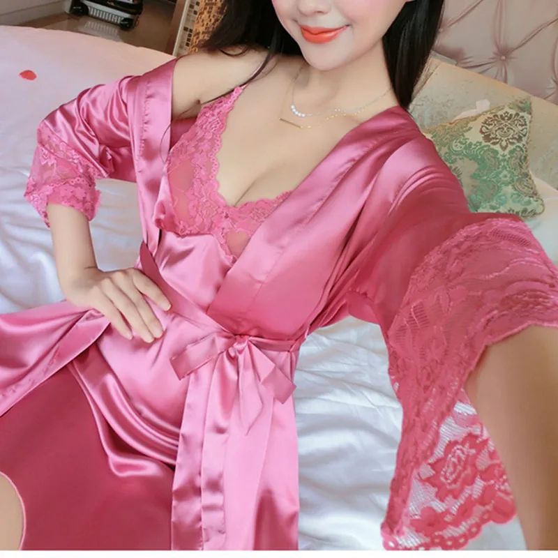 hot pink Новая Сексуальная Женская кружевная шелковая атласная ночная рубашка+ банный халат, пижамный комплект, пижама с длинным рукавом, комплект для отдыха, женская ночная рубашка, домашняя одежда - Цвет: hot pink