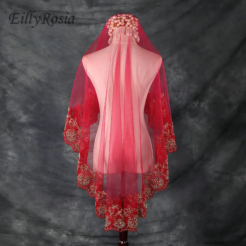 Роскошная свадебная фата в арабском и бордовом стиле короткая Кружевная