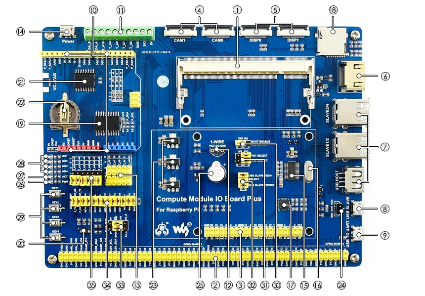 Waveshare Compute Module IO Board Plus, композитная коммутационная плата для разработки с Raspberry Pi CM3/CM3L/CM3+/CM3+ L