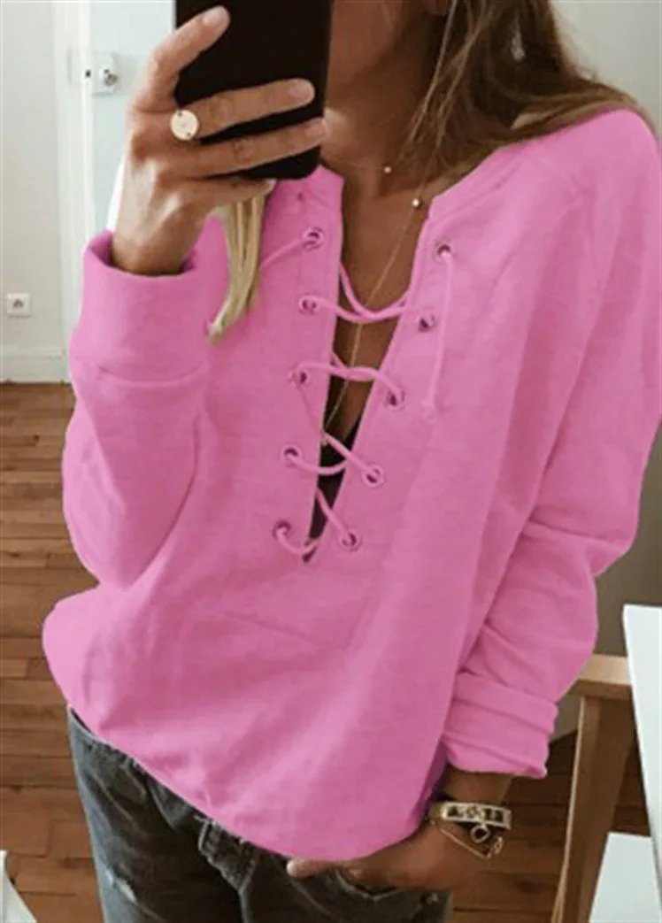 Футболка женская новинка 2019 на шнуровке однотонная весенне осенняя модная