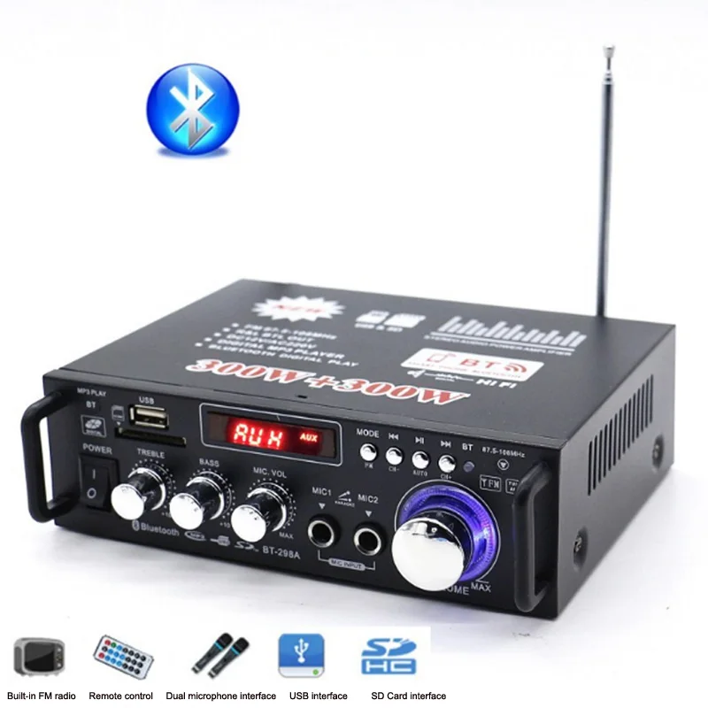 

DC12 / AC 220V Mini 2 Channel Power Bluetooth 300W Amplifier SD Card Player FM Electronic Hifi Stereo Audio Amplifiers