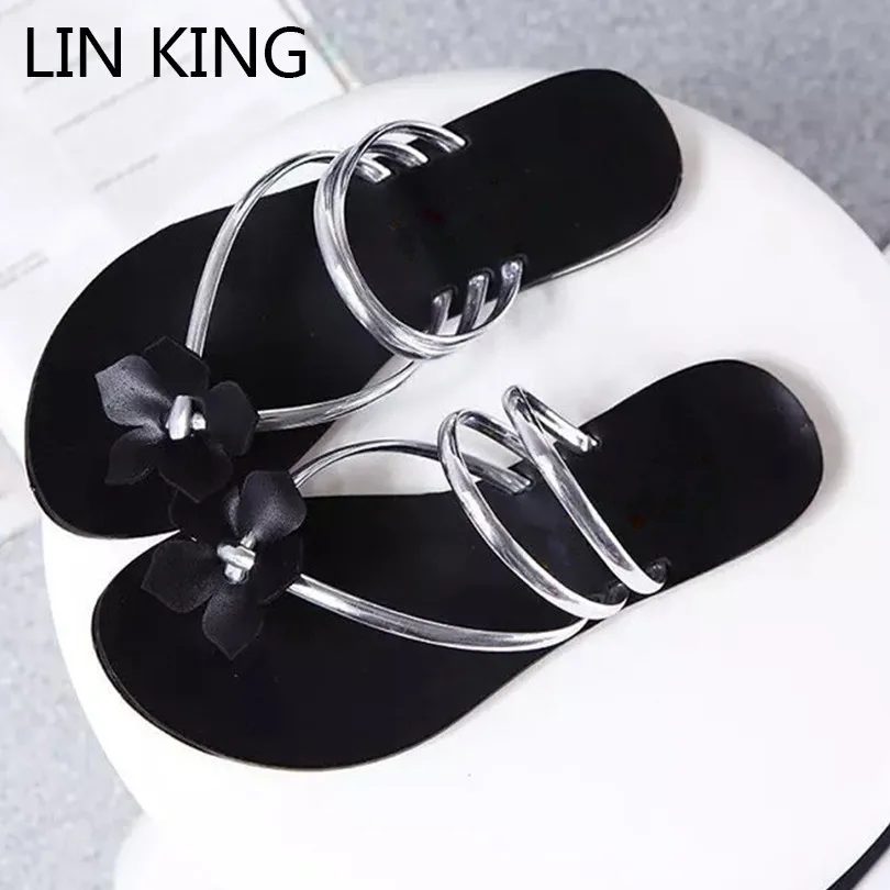 LIN KING/модные зимние ботинки из плотной ткани с цветочной Для женщин Тапочки низкий каблук удобные летние сандалии; обувь для улицы; Повседневное для девочек Нескользящие Пляжные сланцы