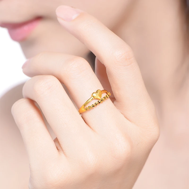 

New Pure 999 Yellow Gold Band Women Heart Ring Size Adjustable