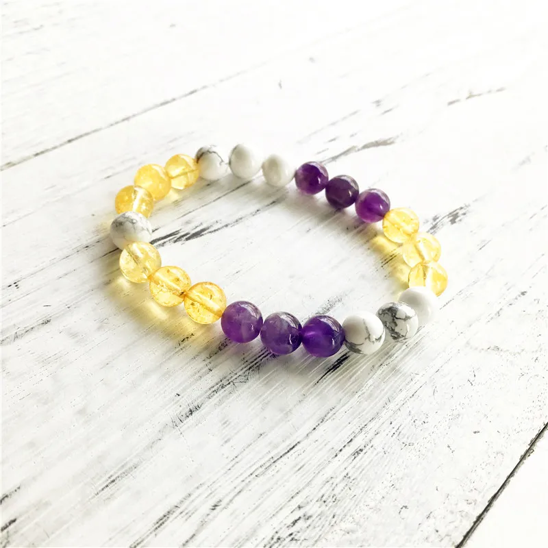 Дизайнерский браслет из 3 бусин желтый кварц и фиолетовый Howlite круглые бусины
