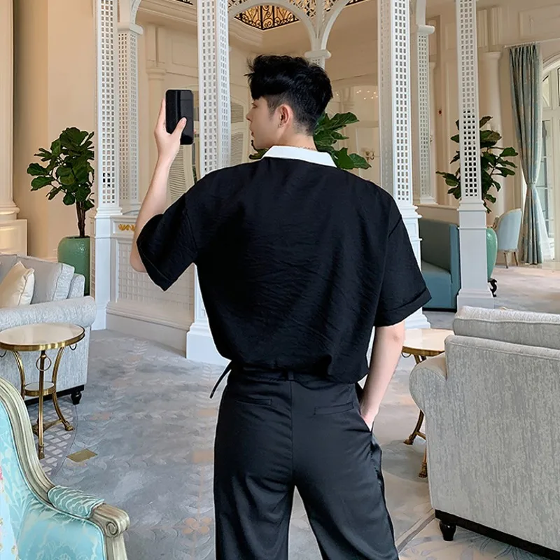 

fashion contrast collar pullover shirt men black white causal blouse Man 2019 new summer loose short sleeve chemise homme