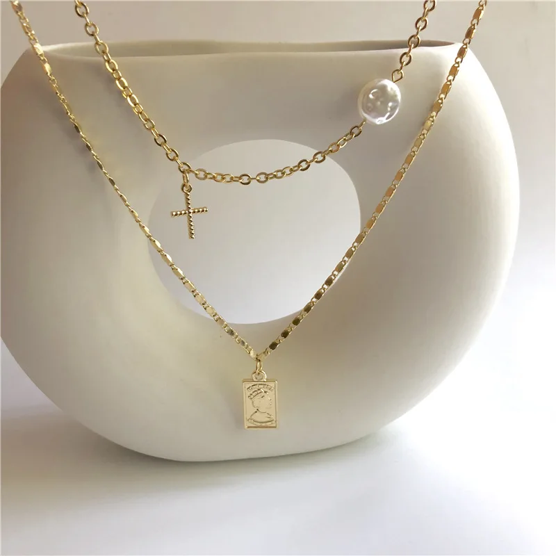 Aikasiya Fashion Double-layer Gold Necklace for Women Cross Portrait Pendant Natural Pearl Female Jewelry | Украшения и