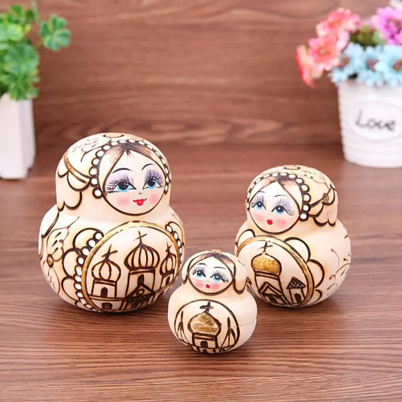 10 шт./компл. деревянные куклы ручной работы Матрешка с изображением замка игрушки