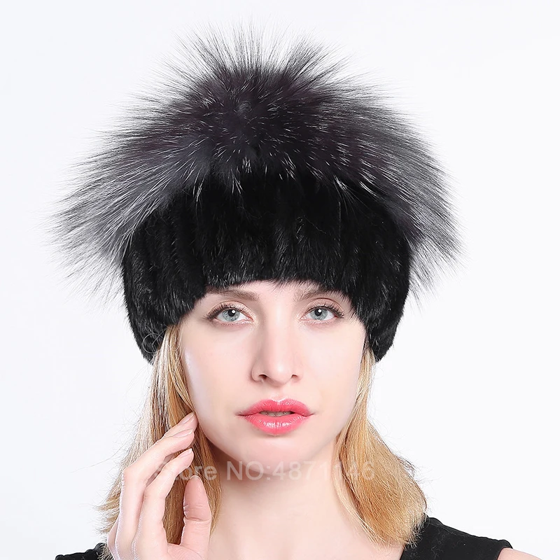 Женская осенне зимняя вязаная меховая шапка из настоящей норки с шерстяной