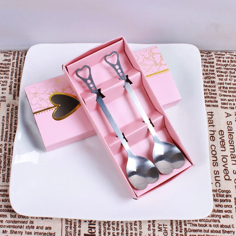 Online 100 Sets Kawaii Twin Liebe Herz Edelstahl Kaffeelöffel Gabel Geschirr Hochzeit Favor Geschenke Geschirr Partei Liefert ZA1301