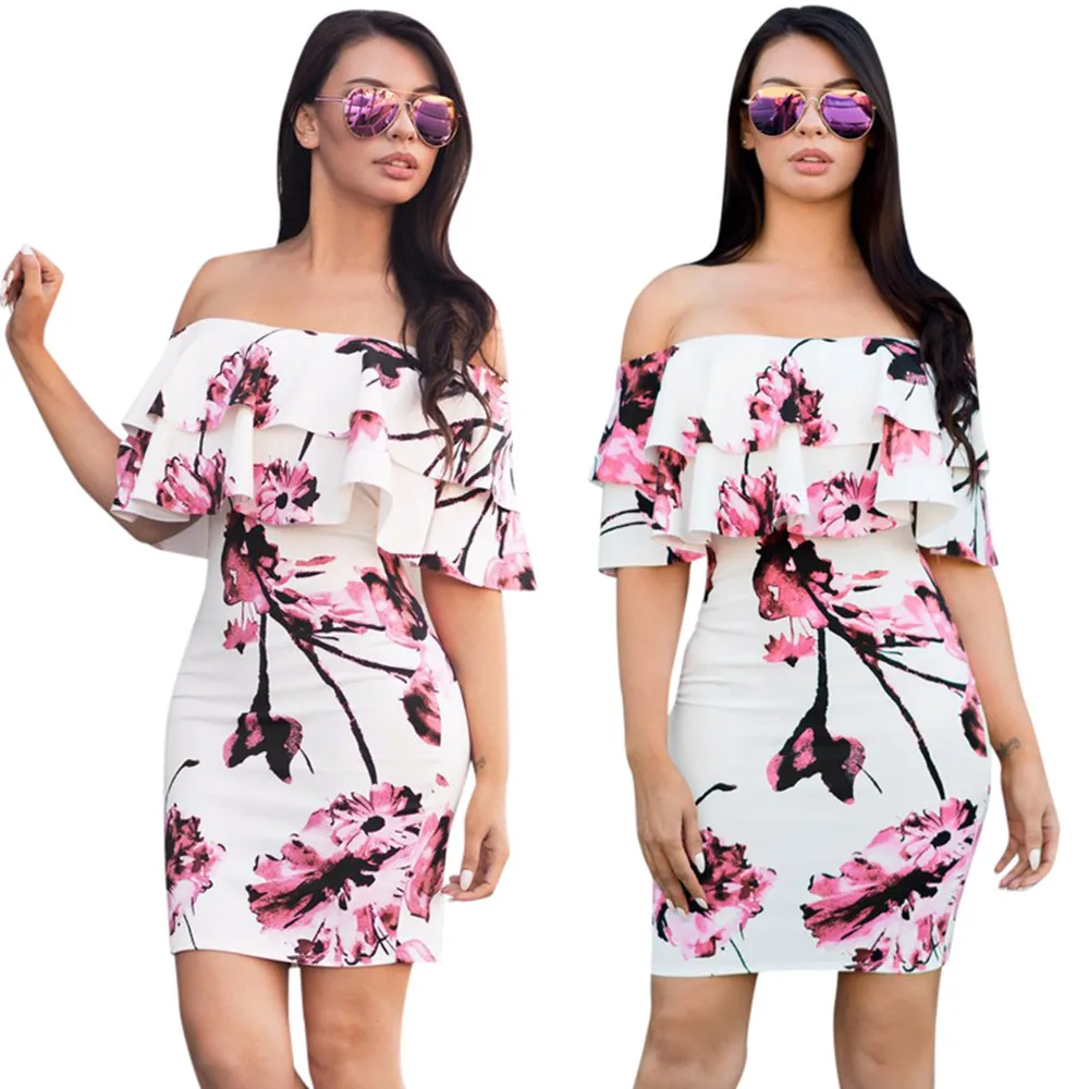 Женское облегающее мини платье с открытыми плечами розовое или желтое цветочным