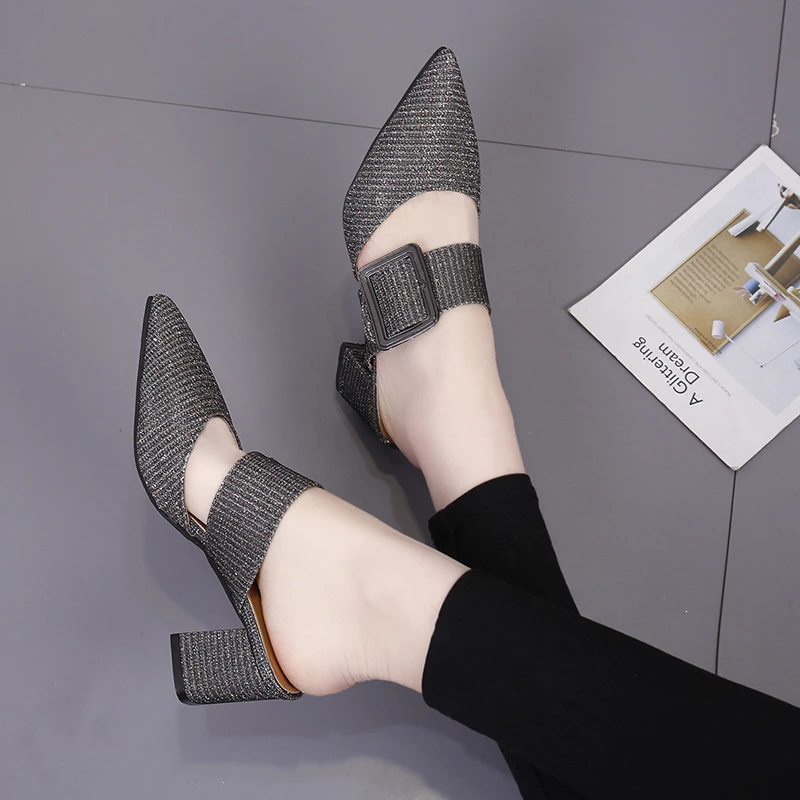 Изящные женские модные повседневные сандалии-шлепанцы с острым носком и пряжкой