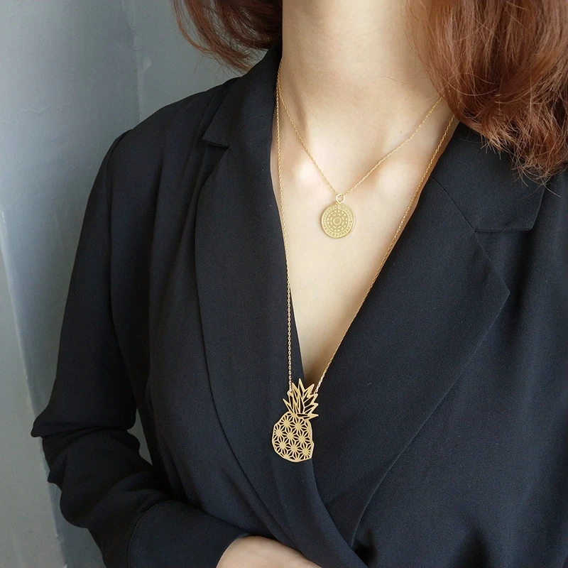 925 sterling silver pineapple pendant necklace gold openwork long sweater jewelry gift | Украшения и аксессуары
