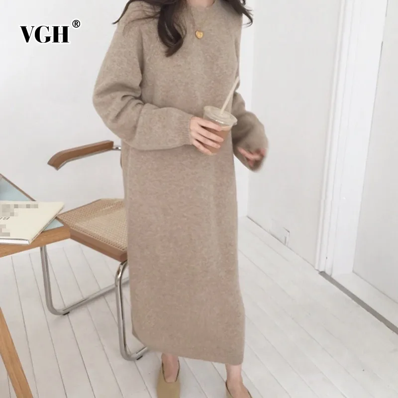 VGH 2018 осенне зимние женские платья с круглым вырезом и длинными рукавами