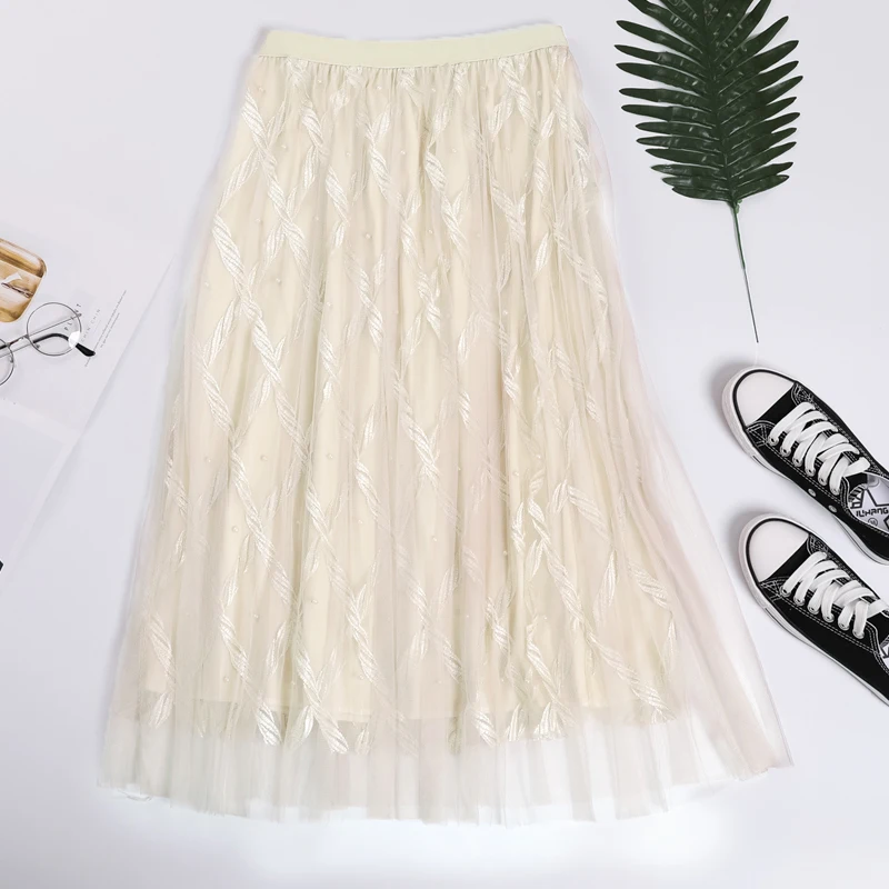 Вышитая бисером длинная юбка из тюля шикарный клетчатый гофрированный с сеткой