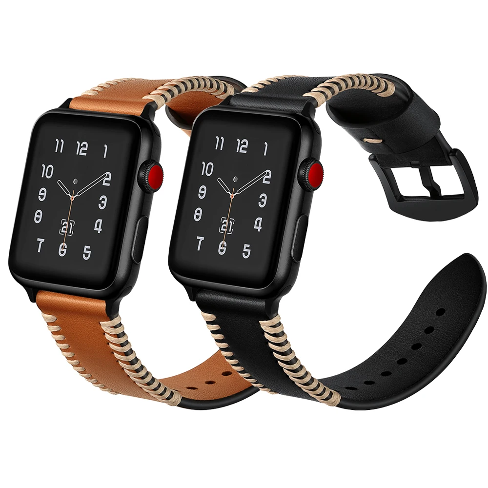 Ремешок кожаный для apple watch series 4 3 2 1 черный мужской браслет 42 мм 38 44 40 мм|Ремешки