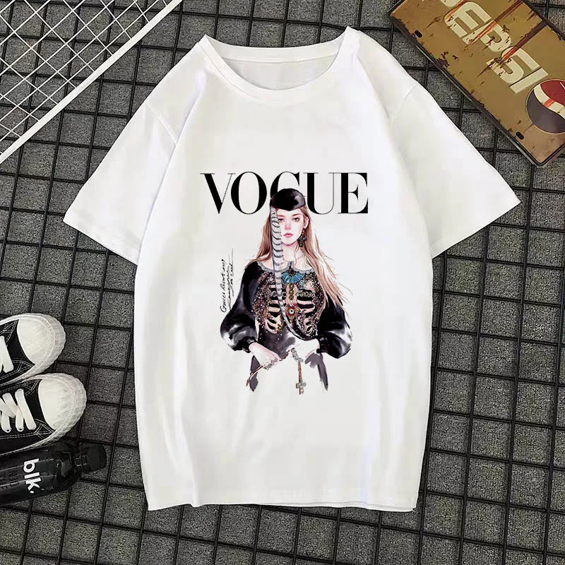 Летняя Новинка, модная женская футболка, VOGUE, с буквенным принтом, Harajuku, футболка с круглым вырезом и коротким рукавом, белые топы, женская одежда