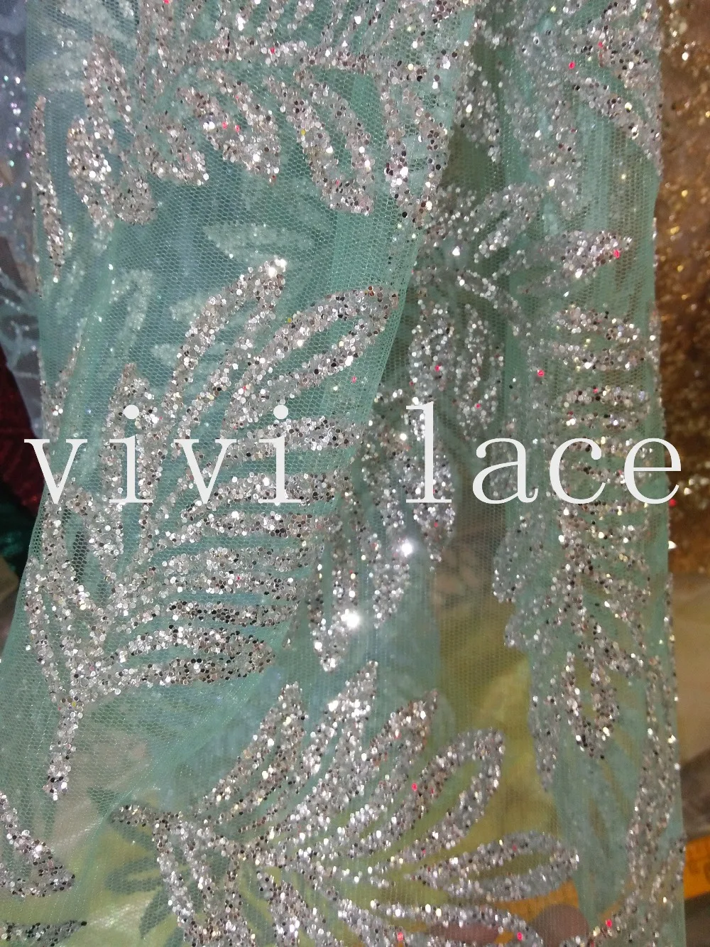 5 ярдов HL376 серебро лист склеенный вручную принт Блестящий мятно-зеленый тюль