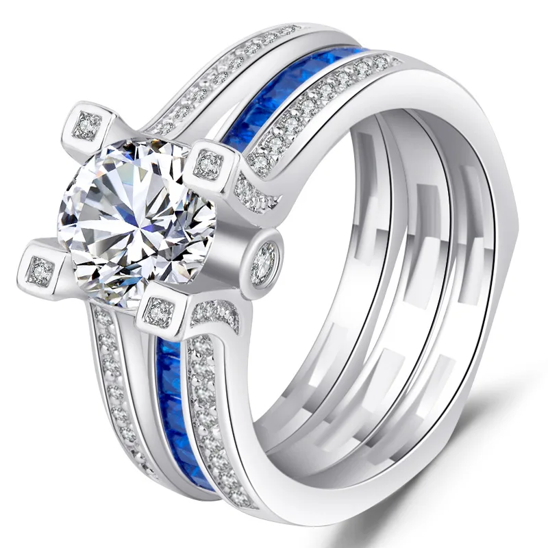 2 шт., 925, anillos, серебряное свадебное кольцо принцессы с голубым топазом, наборы для женщин, обручальное кольцо с кубическим цирконием, модное ювелирное изделие