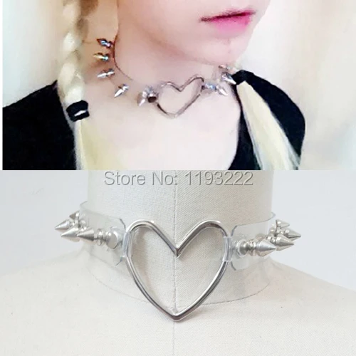 Красивое популярное крутое ожерелье с шипами чокер большим сердцем прозрачное