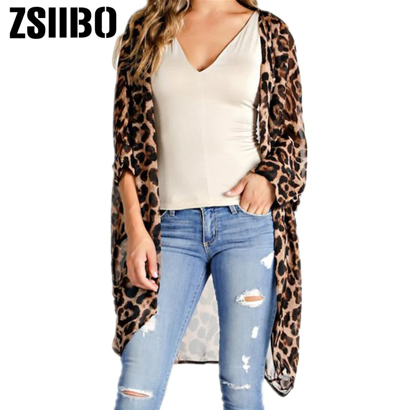 Женская Повседневная Туника тонкий кардиган с длинным рукавом и леопардовым