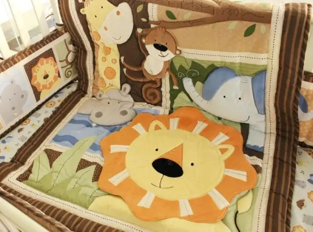 hot sell New 8pcs Baby Crib Cot Bedding Set jungle Quilt Bumper Sheet Dust Ruffle Nappy bag 5 items for baby boy