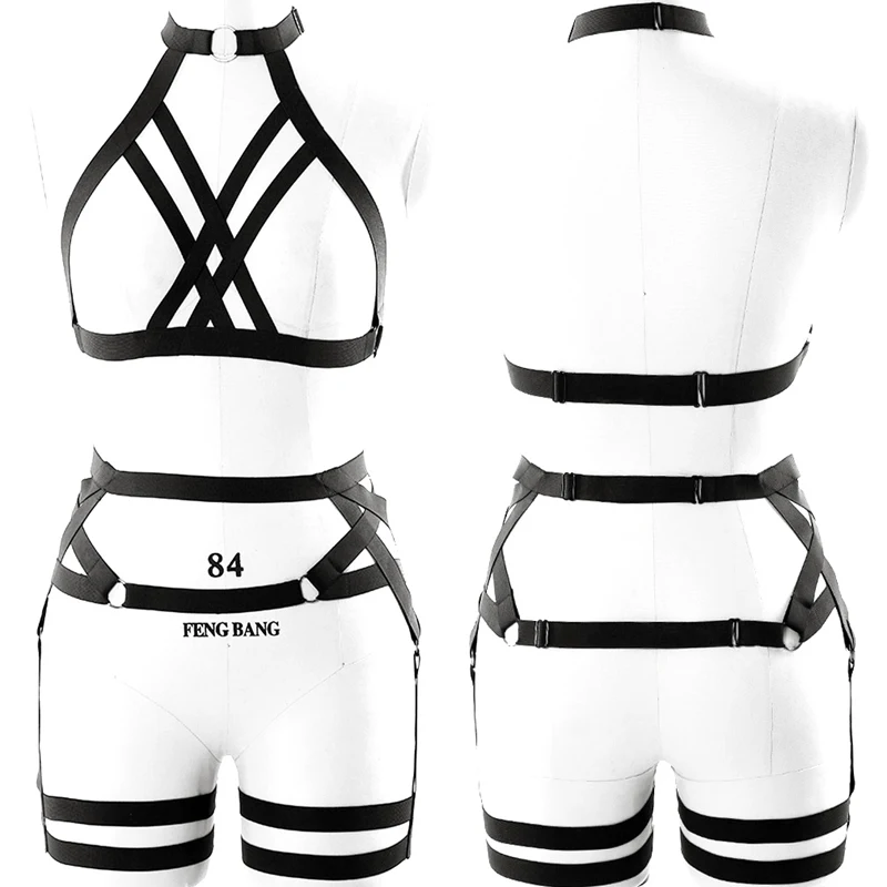 Black O0190 P0129 Комплект для тела с перьями, пояс для подвязки, черный сексуальный женский костюм, сексуальный бюстгальтер в клетку для женщин, эластичный Готический фестивальный Рейв, Одежда для танцев - Цвет: Black O0190 P0129