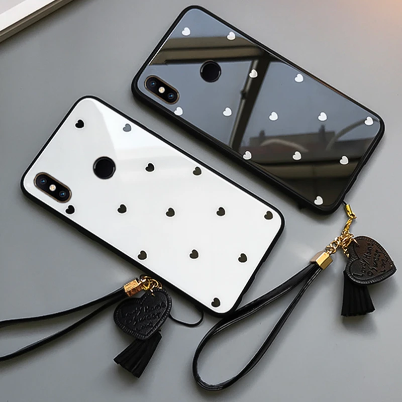 BONVAN Tempered Glass Case For Samsung Galaxy M30 M20 M10 love Heart Cover Tassel lanyard phone Fundas | Мобильные телефоны и