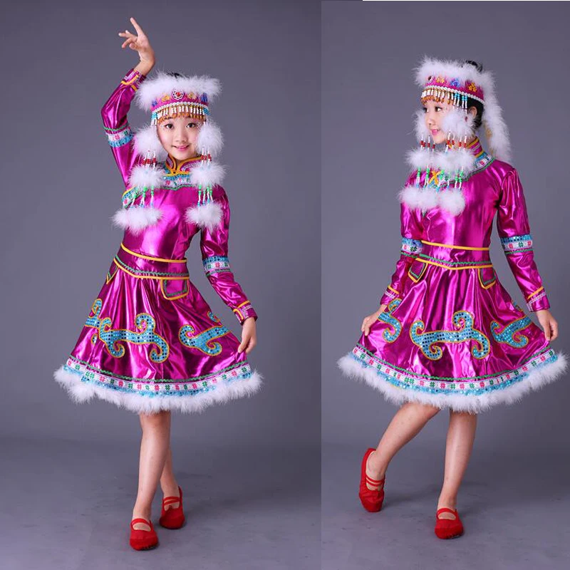 

With Headdress Children Mongolia Stage Chinese Folk dance Costumes Girls Chinese Dance Clothing Kids Traditional Dance wear Suit