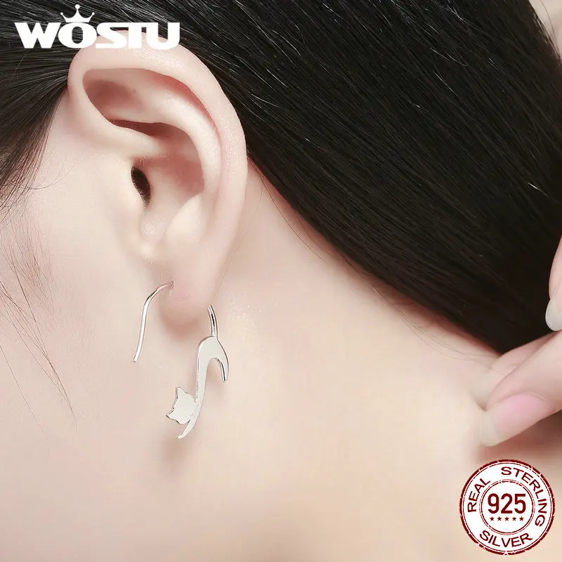 WOSTU, чистый 925 пробы, серебряные асимметричные серьги в виде животных, любящих милых котов, женские Уникальные S925 ювелирные изделия, подарок для девушек CQE073