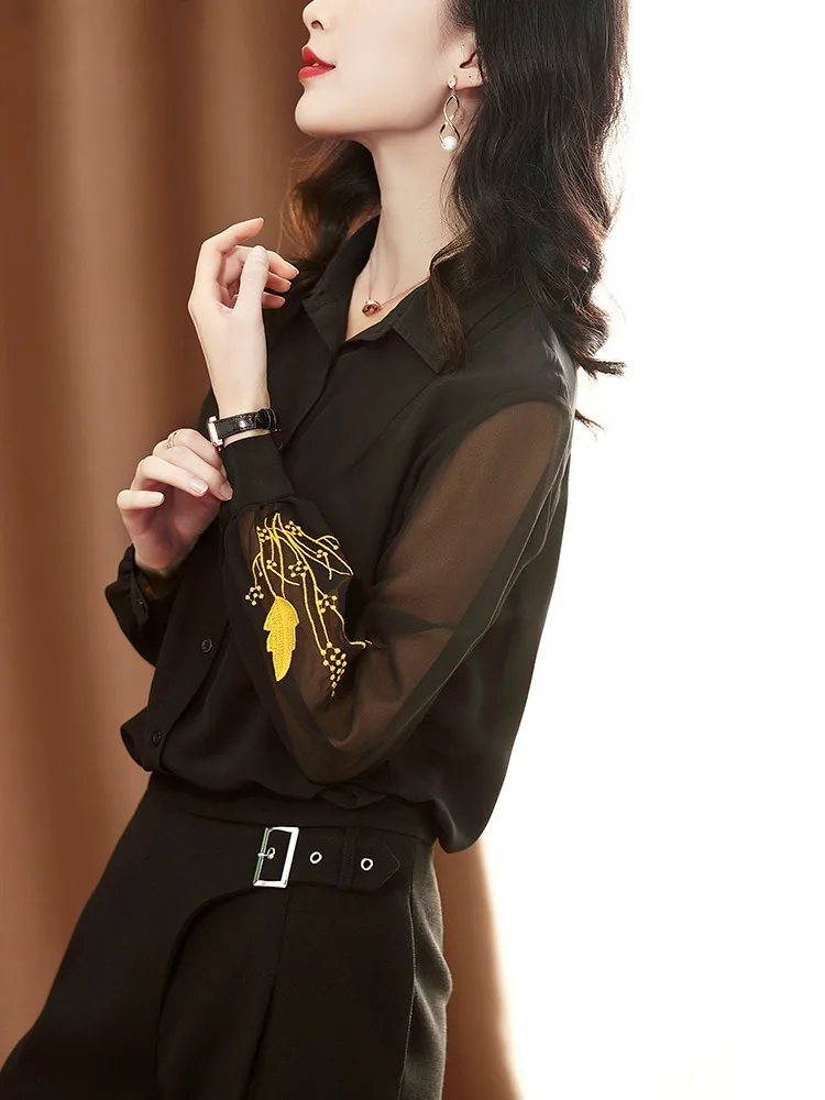 Женская блузка из 100% шелка весенние блузки с вышивкой 2021 винтажная Корейская