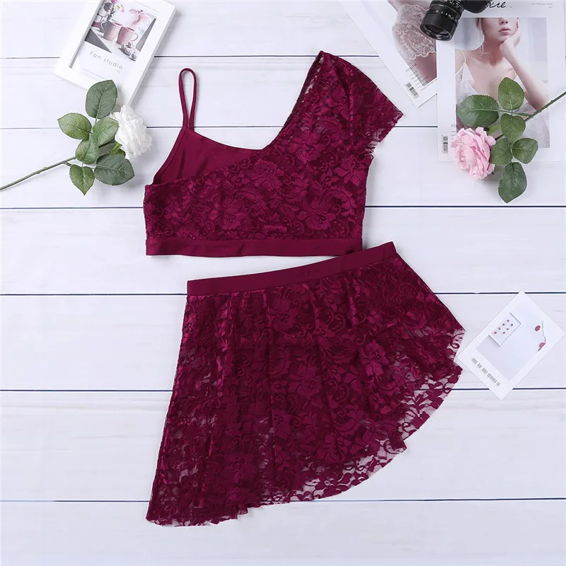 TiaoBug Women Lace Asymmetric Contemporary Lyrical Dance Costume Adult Ballerina Crop Top Ballet Tutu Skirt Gymnastics Set | Тематическая