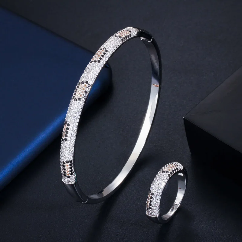 Silver CWWZircons модный бренд розовое золото цвет круглый Кобра тонкий CZ Открытый браслет и кольца набор для женщин Свадебные украшения T345 - Окраска металла: Silver