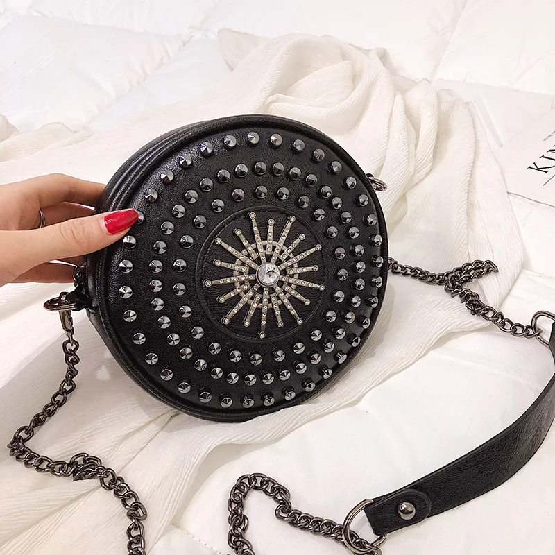 

LYKANEFU Circular Women Bag Punk Style Rivet Women's Shoulder Bags with Long Chain Cross Body Purse Lady Handbag Designer