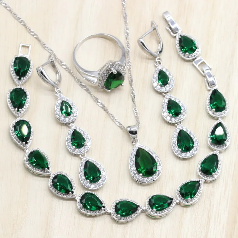 

Silver Color Jewelry Sets Green Cubic Zircon Long Earrings/Pendant/Necklace/Ring Heart Bracelet for women Free Gift Box