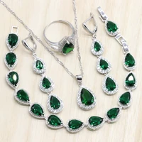 silver color jewelry sets green cubic zircon long earringspendantnecklacering heart bracelet for women free gift box