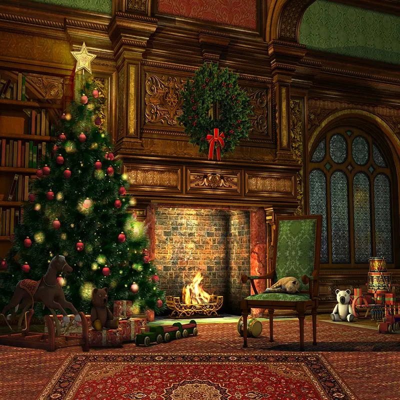 

Indoor Fireplace Green Garland Christmas Tree Backdrop Printed Toy Bear Wooden Horse Kids Family Party Photo Booth Background