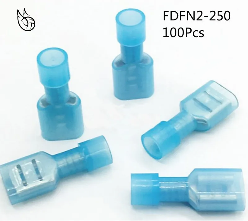 FDFN2-250 нейлоновый, латунный, женский, изолированный, лопатка, соединительный кабель, соединитель провода, 100 шт., подходит для 1,5-2, 5 мм2, 16-14AWG, ра...
