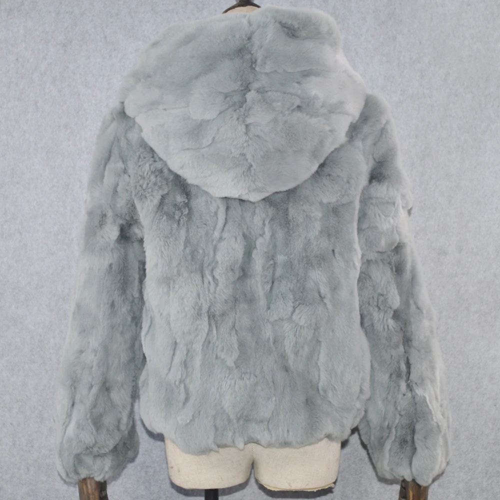 Зимняя повседневная обувь для женщин с капюшоном Настоящий мех кролика пальто