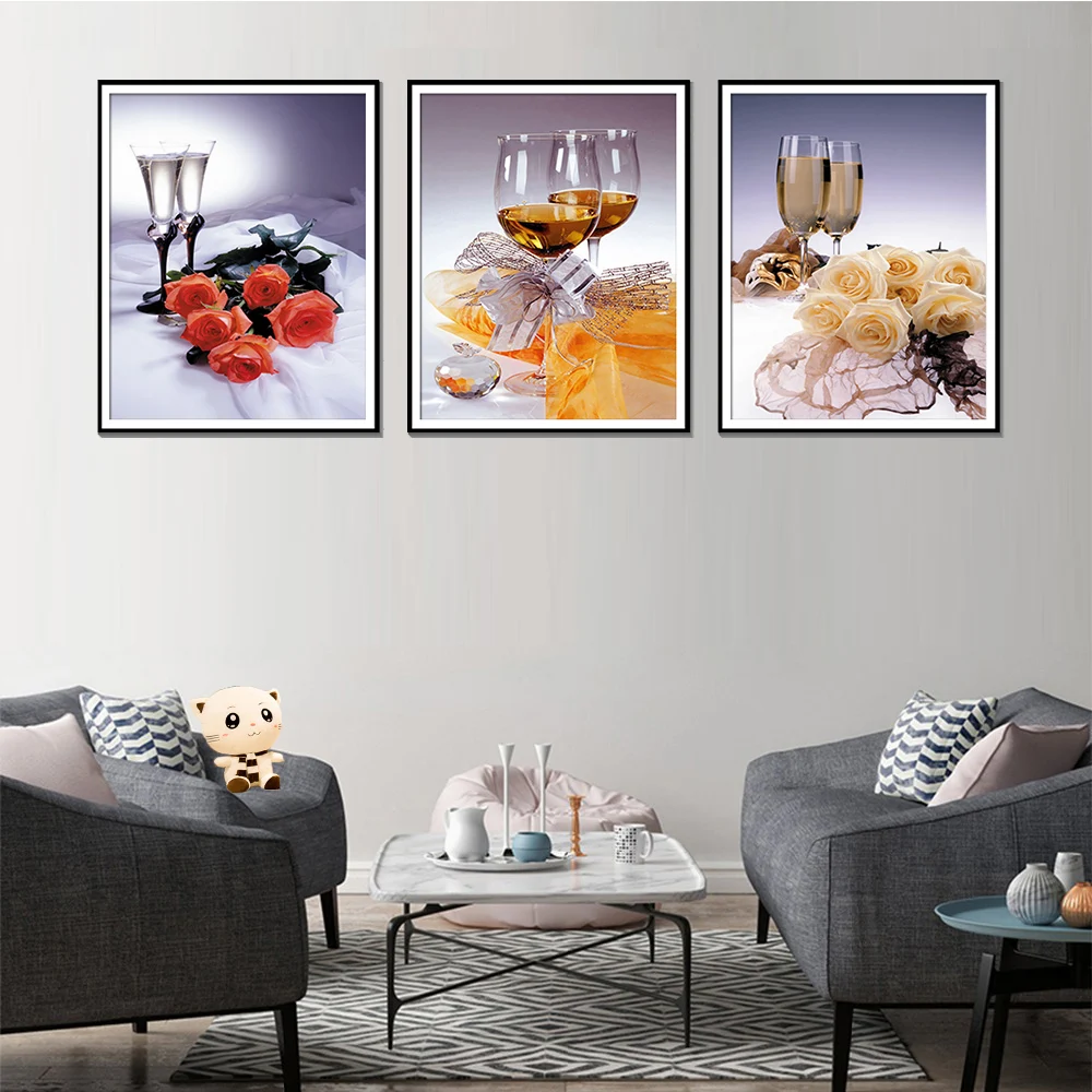 Три wall art печатные изображения hd стеклянный стакан для полоскания рта вино холст