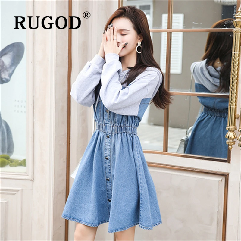 RUGOD-джинсовое платье для женщин элегантное джинсовое с длинными рукавами и