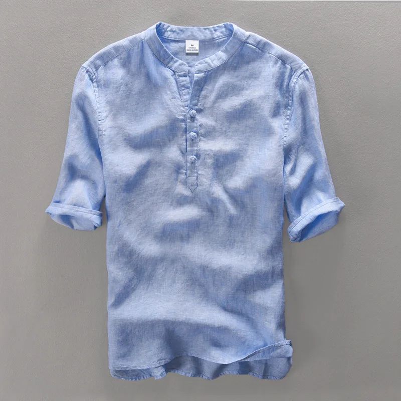 2017 Мужская льняная рубашка с коротким рукавом однотонная Повседневная