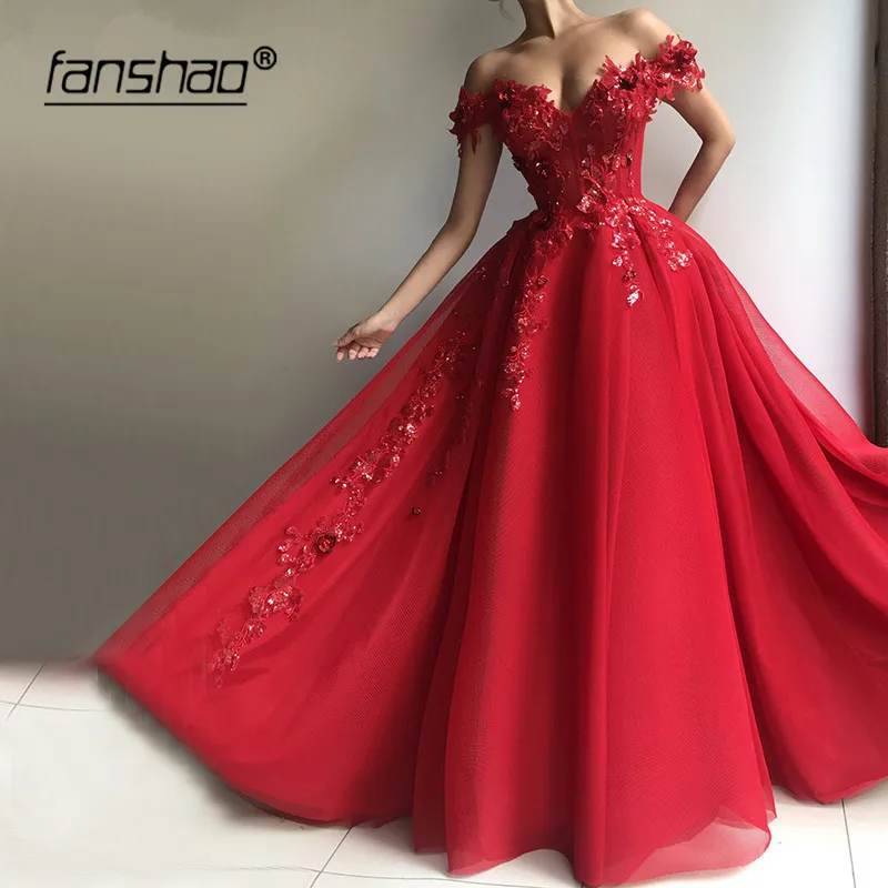 

Red Muslim Evening Dresses Off the Shoulder Lace vestidos de festa Dubai Saudi Arabic Evening Gown Prom Dress