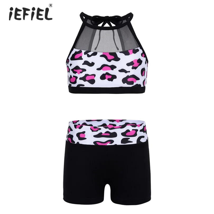 Женский леопардовый топ на бретелях и штаны танкини танцевальный костюм для