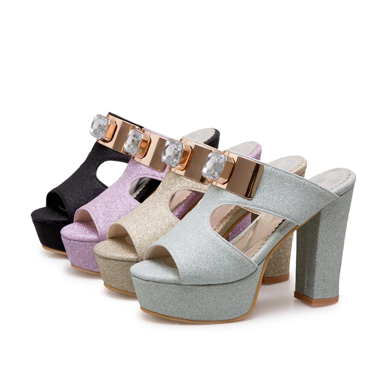 Kaufen REAVE KATZE Frau Sandalen Große Größe 46 Kristall Maultiere Peep Toe Dame Partei Klobigen High Heels Sommer Schuhe Plattform Pantoffel Hochzeit