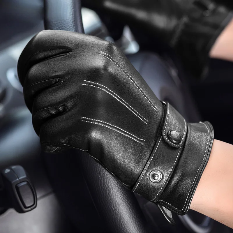 

Fashion Black Genuine Leather Men Gloves Business Real Sheepskin Driving Glove Winter Thicken Warm Five Finger DM778-5
