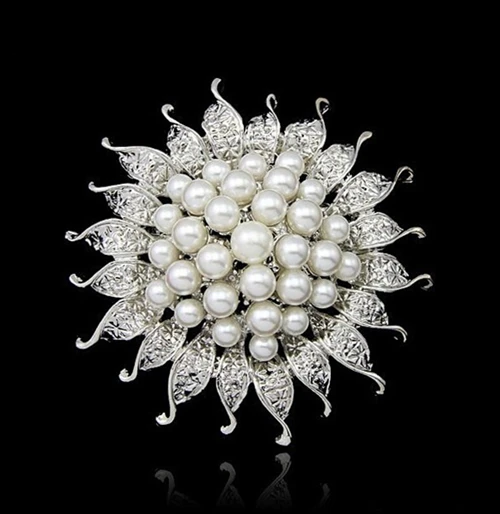 Винтажные броши в виде подсолнуха 2 дюйма с родиевым покрытием и жемчугом цвета