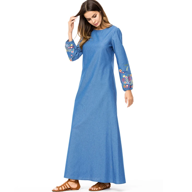Vintage Fall Women Long Sleeve Jean Dress Muslim Dubai Abaya Corban Jalabiya Islamic Eid Denim Party Embroidery Robe longue |
