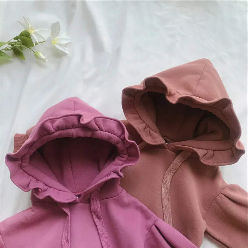 WLG girls winter velvet dresses kids hooded long sleeve ruffle thick dress baby casual all match rose red khaki warm clothes 2-7 | Детская